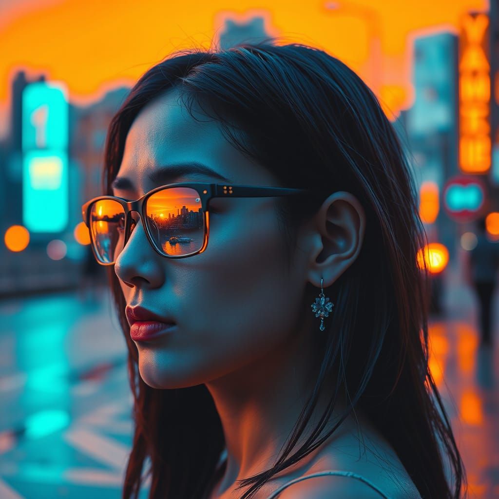 Woman's Profile: City Skyline Reflection in Glasses at Sunse...
