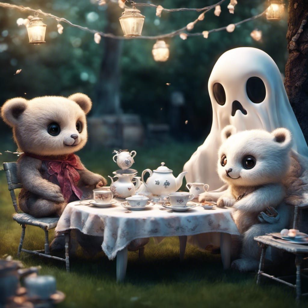 Chibi Tea Party with Plush Animals and Ghost
