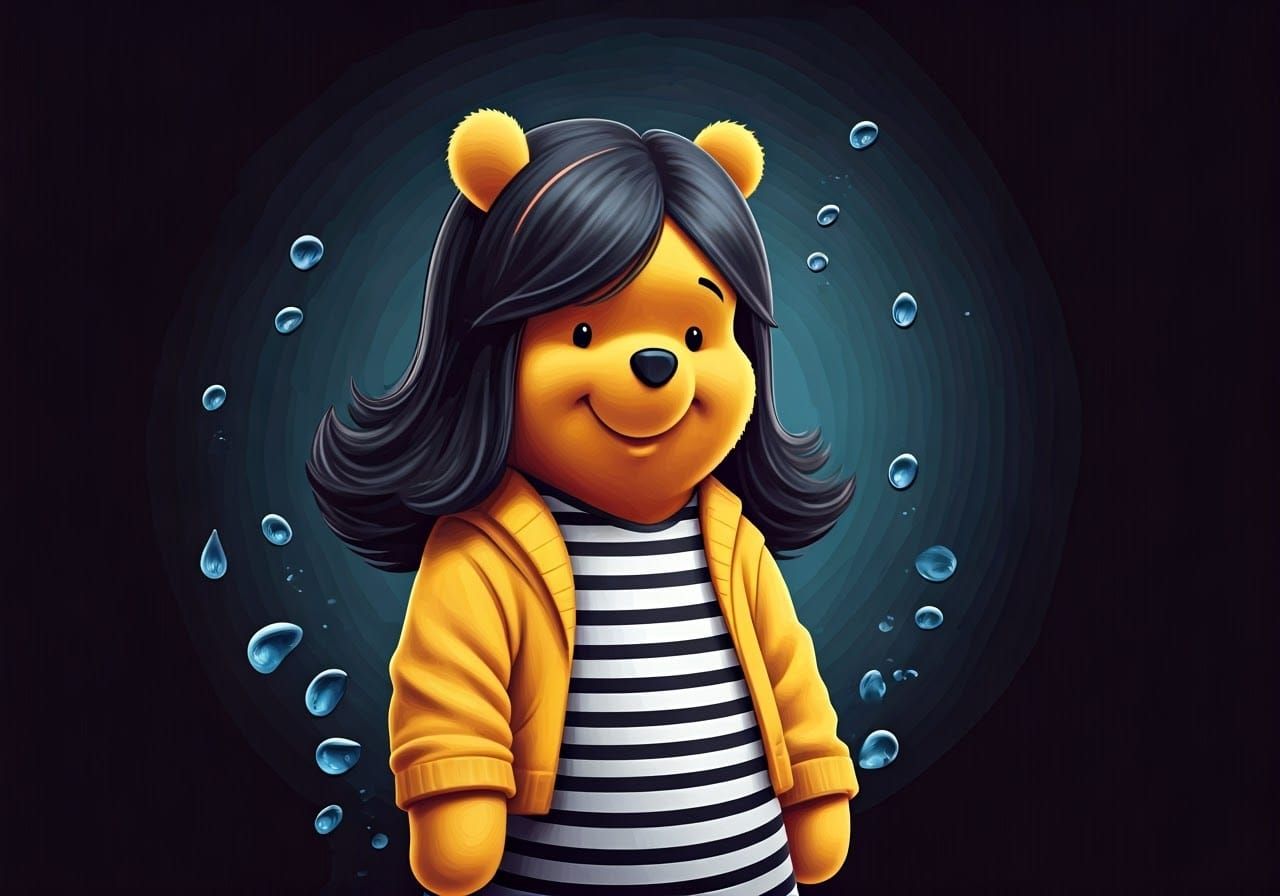 Whimsical Winnie the Pooh in Striped Dress and Cardigan