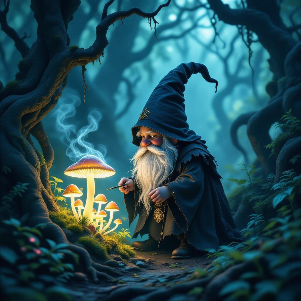 Gothic Gnome Tends Bioluminescent Garden in Enchanted Forest