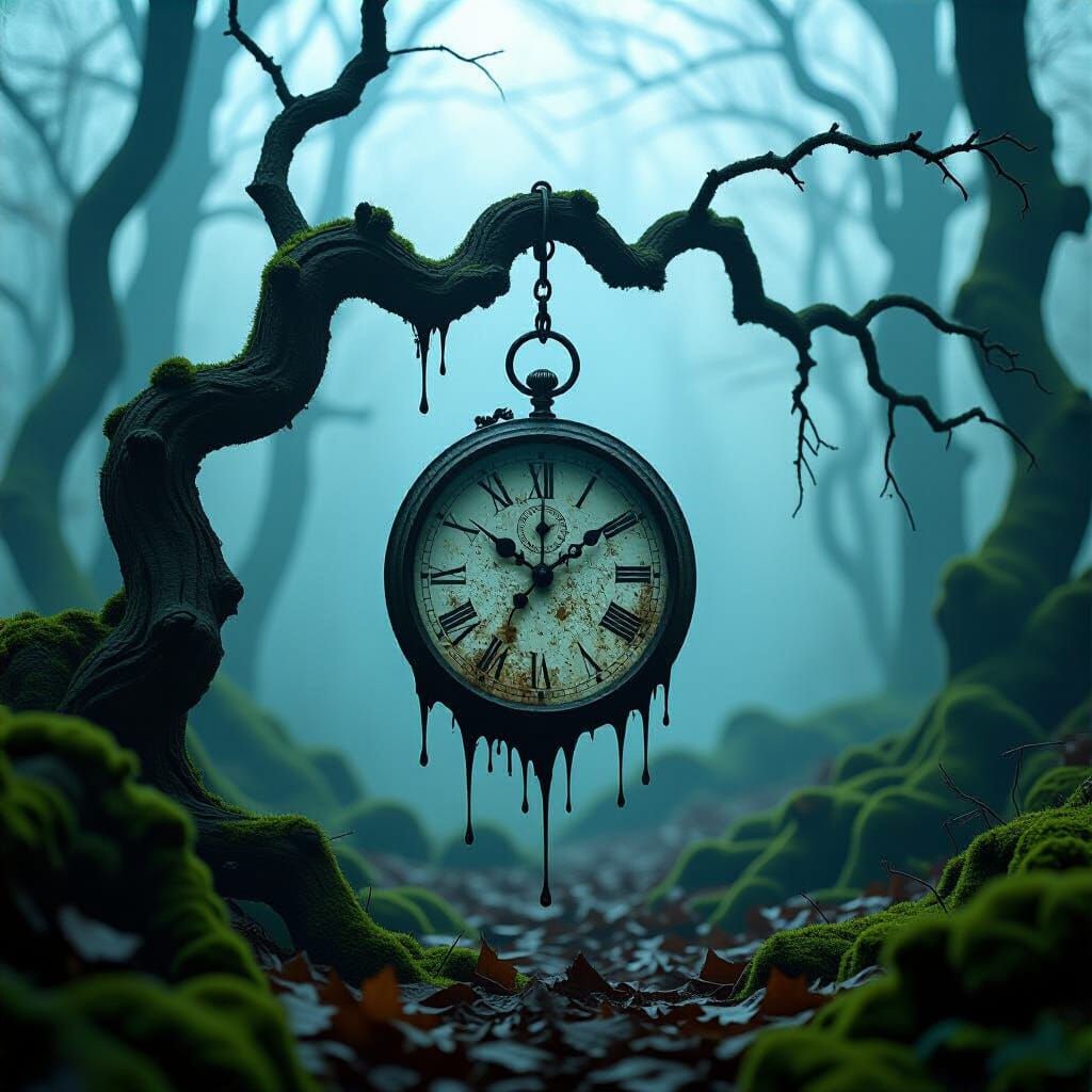 Melting Clock in Surreal Forest, Dreamlike Art