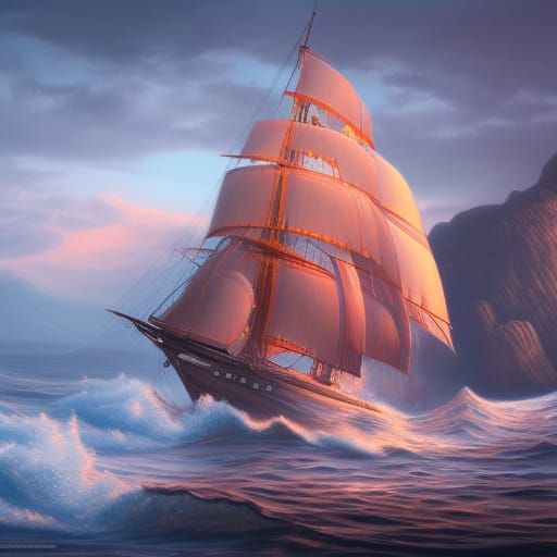 Hyperdetailed Schooner at Sunrise: Matte Painting