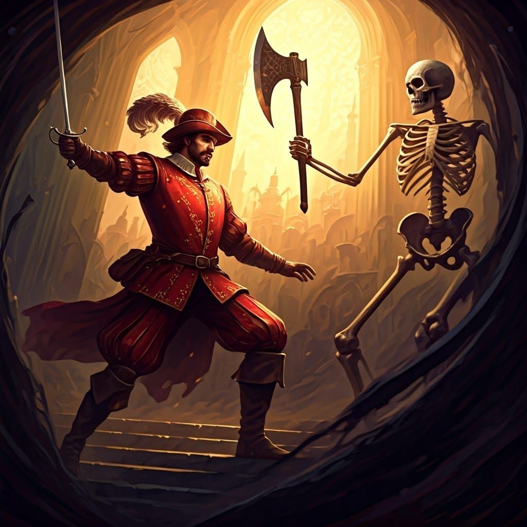 Swordsman Versus Skeleton in Art Nouveau Style