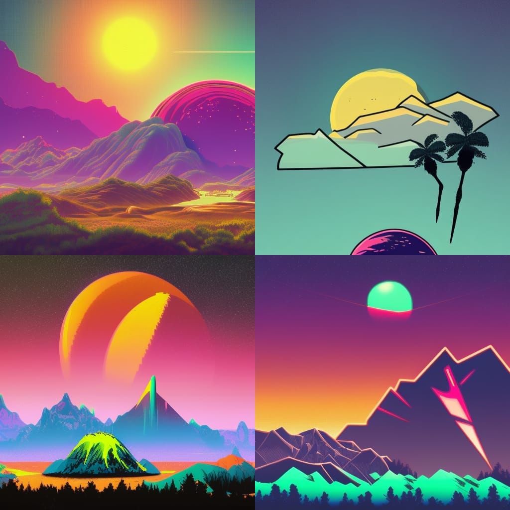 Synthwave Mountain Landscape with Destroyed Planet