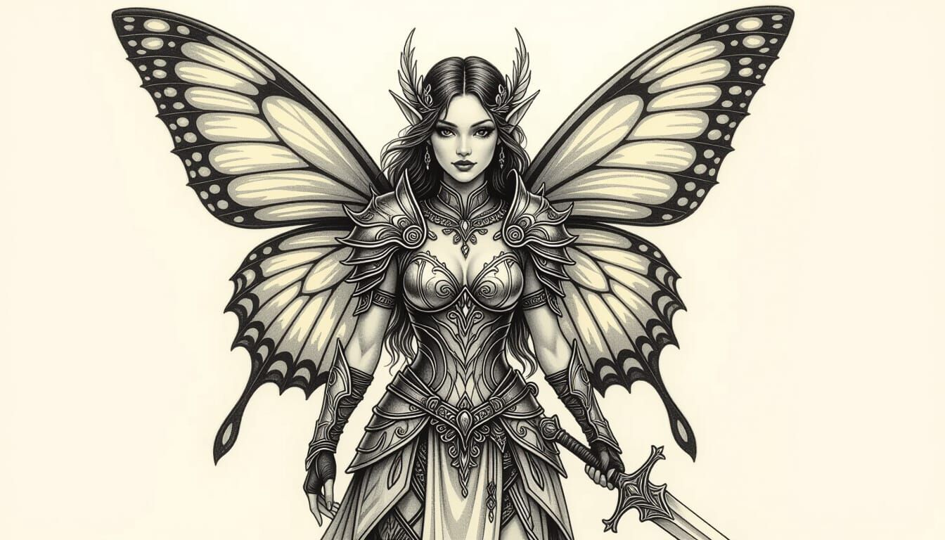 Agile Fae Warrior with Ornate Armor and Sword in Charcoal