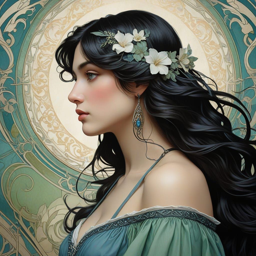 Art Nouveau Portrait of Aphrodite with Floral Accents