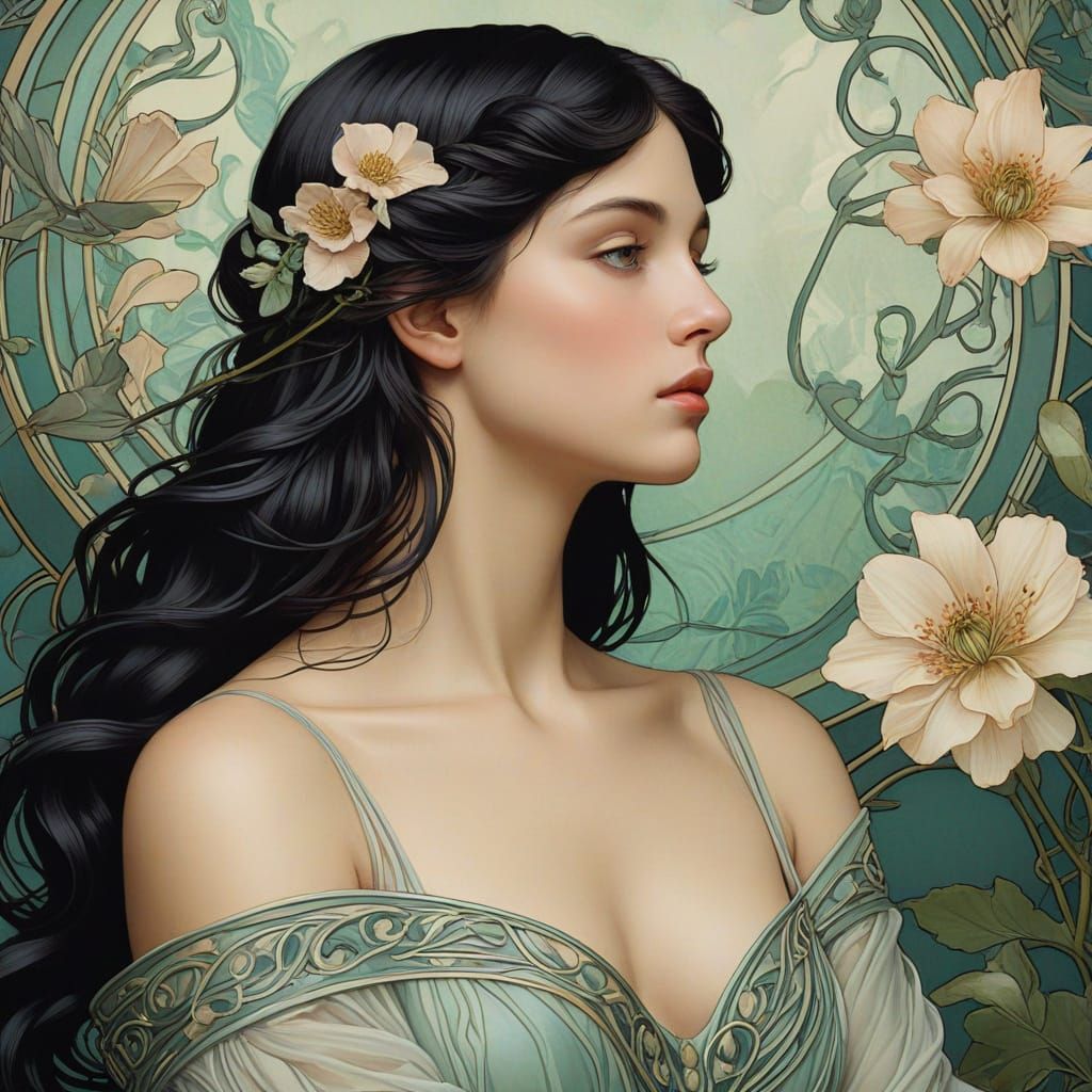 Art Nouveau Portrait of Aphrodite with Flowing Hair