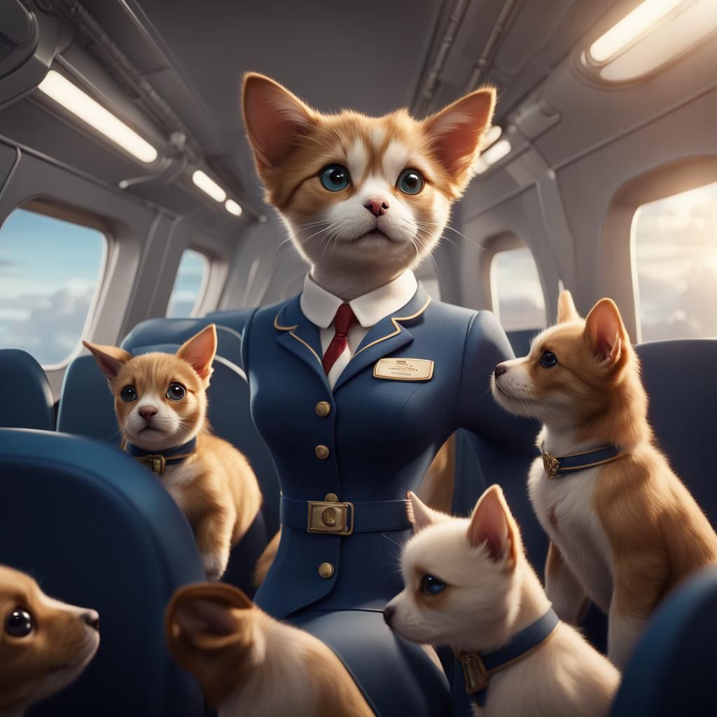 Feline Flight Attendant and Mischievous Puppies