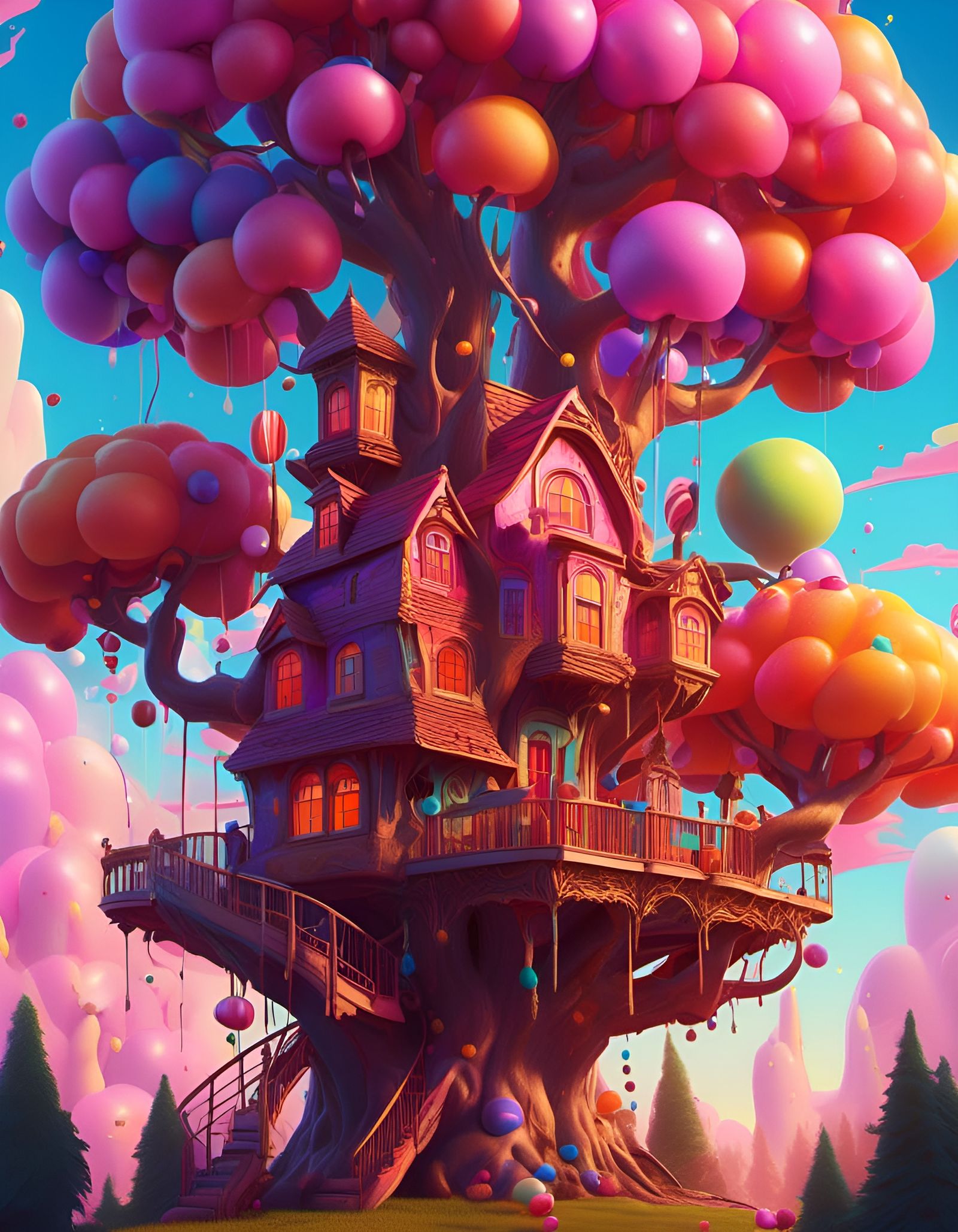 Hyperrealistic Candy Art Treehouse at Magic Hour