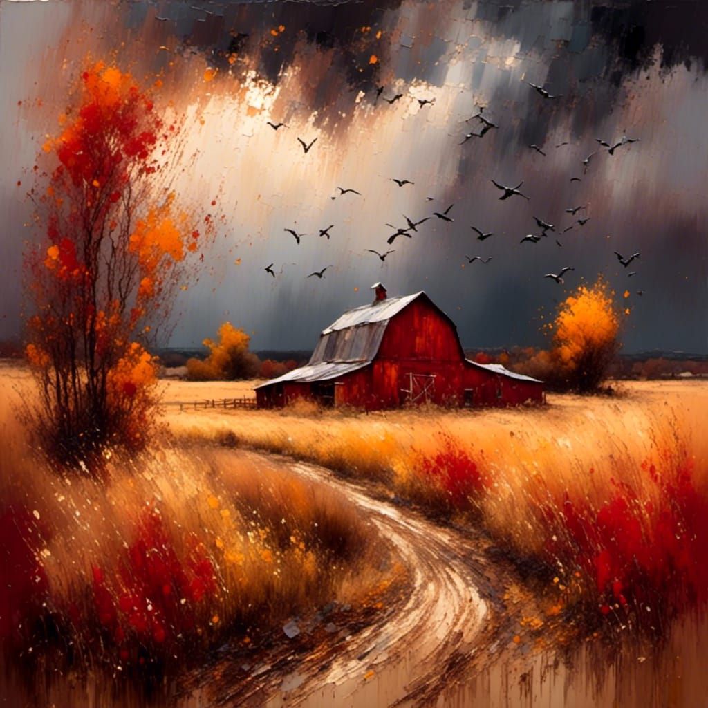 Autumn Landscape with Barn in Impressionist Style