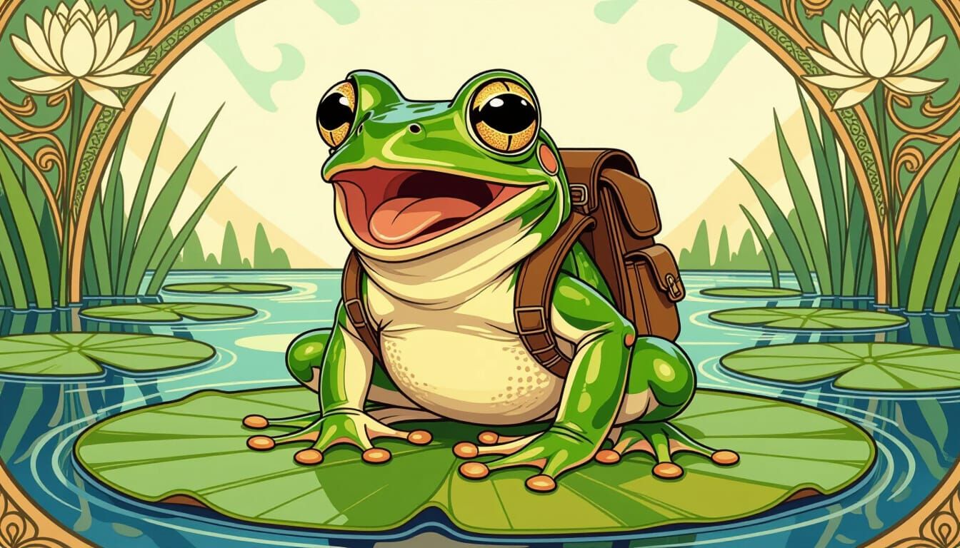 Frog with Backpack in Art Nouveau Style