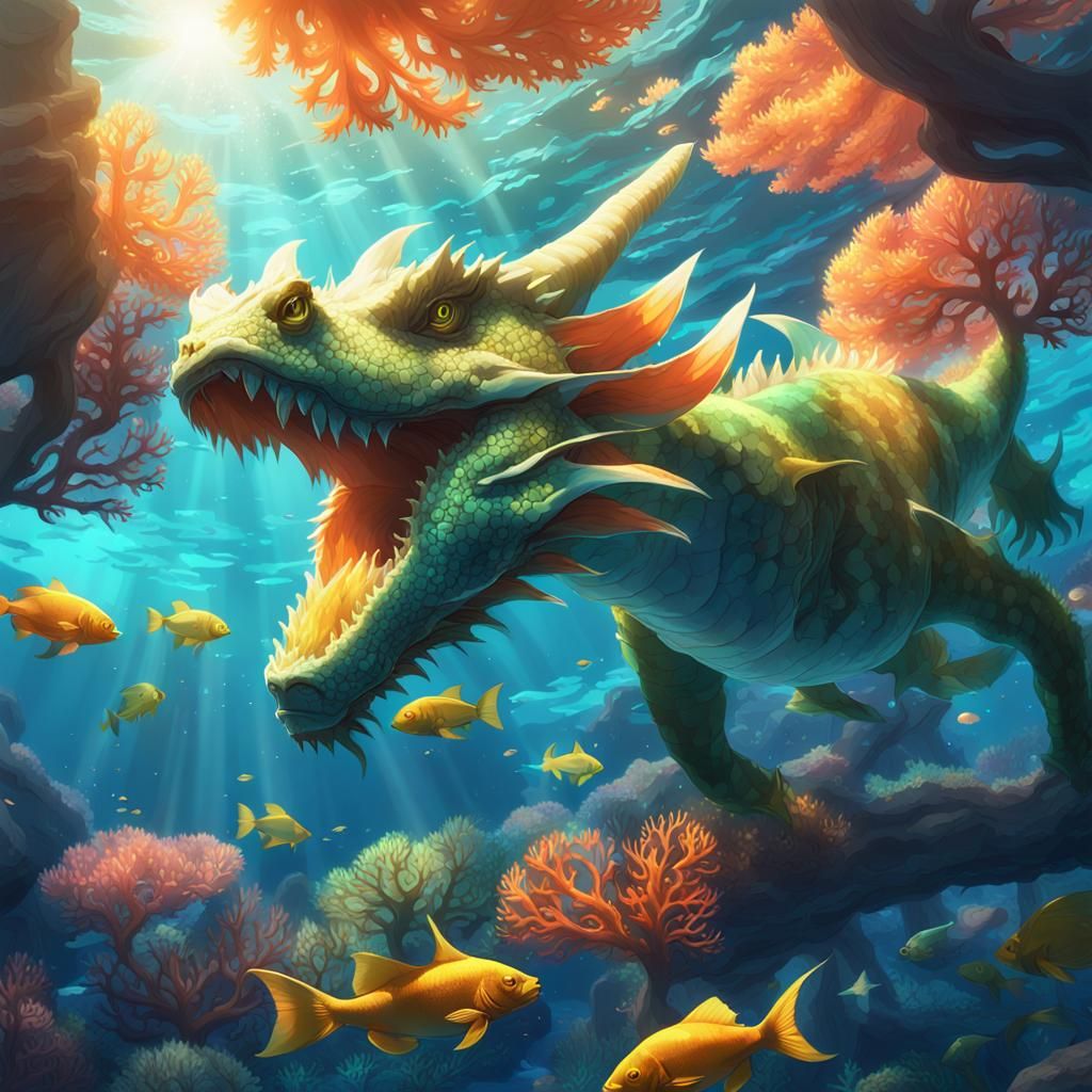 Luminescent Dragon in Underwater Fantasy World
