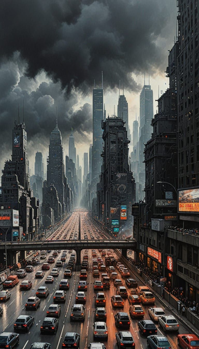 Dystopian Cityscape with Traffic Jam in Kerbow Style