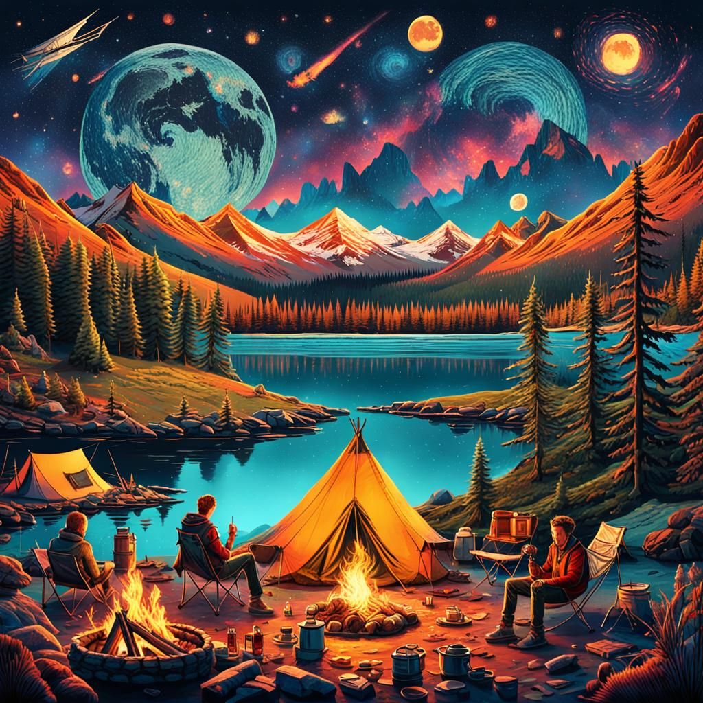 Punk Collage Art of Cozy Campsites at Night