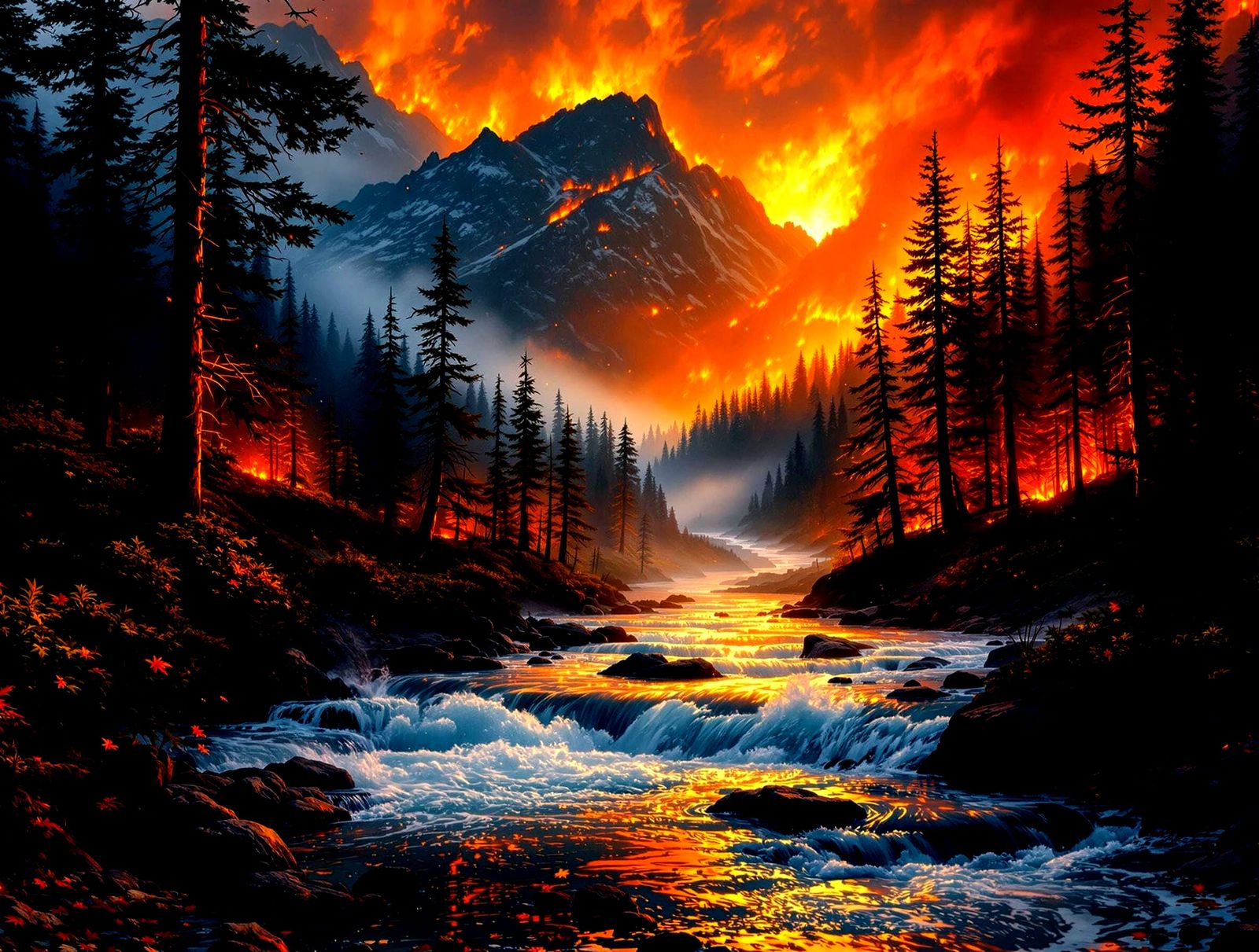 Panoramic Sunset Scene with Winding River and Blazing Forest...
