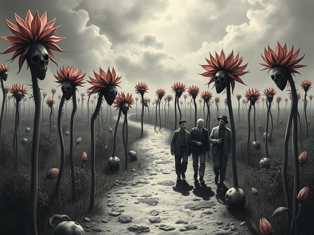 Ethereal Landscape of Flower People in Dark, Mystical Style