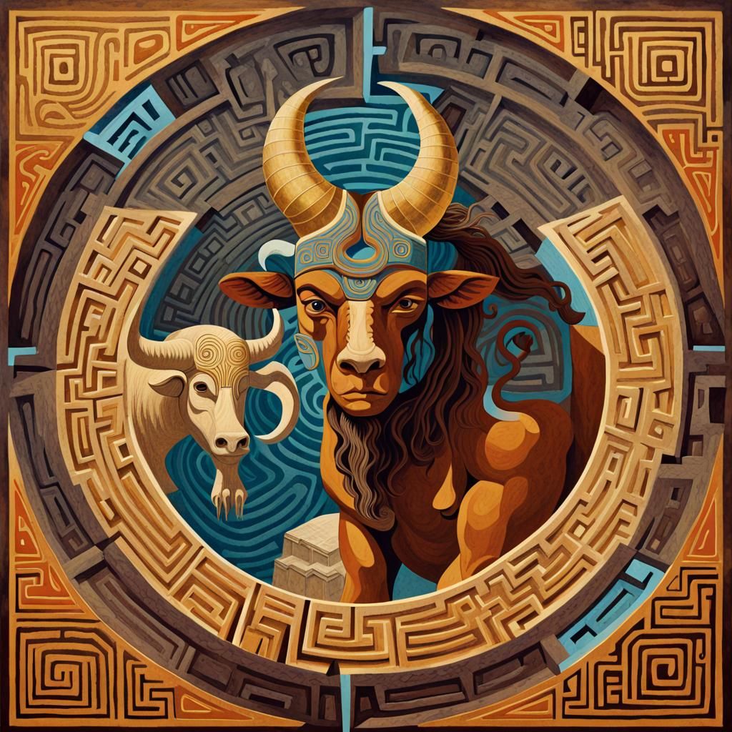 Minotaur in Labyrinth: Psychedelic Op-Art Poster