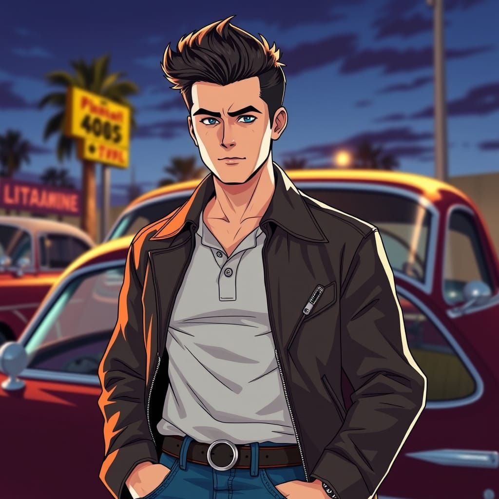 Man in 50s Fashion Beside Vintage Car in Anime Style
