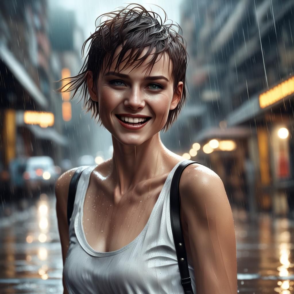 Punk Woman Smiling in Rain-Soaked City Street