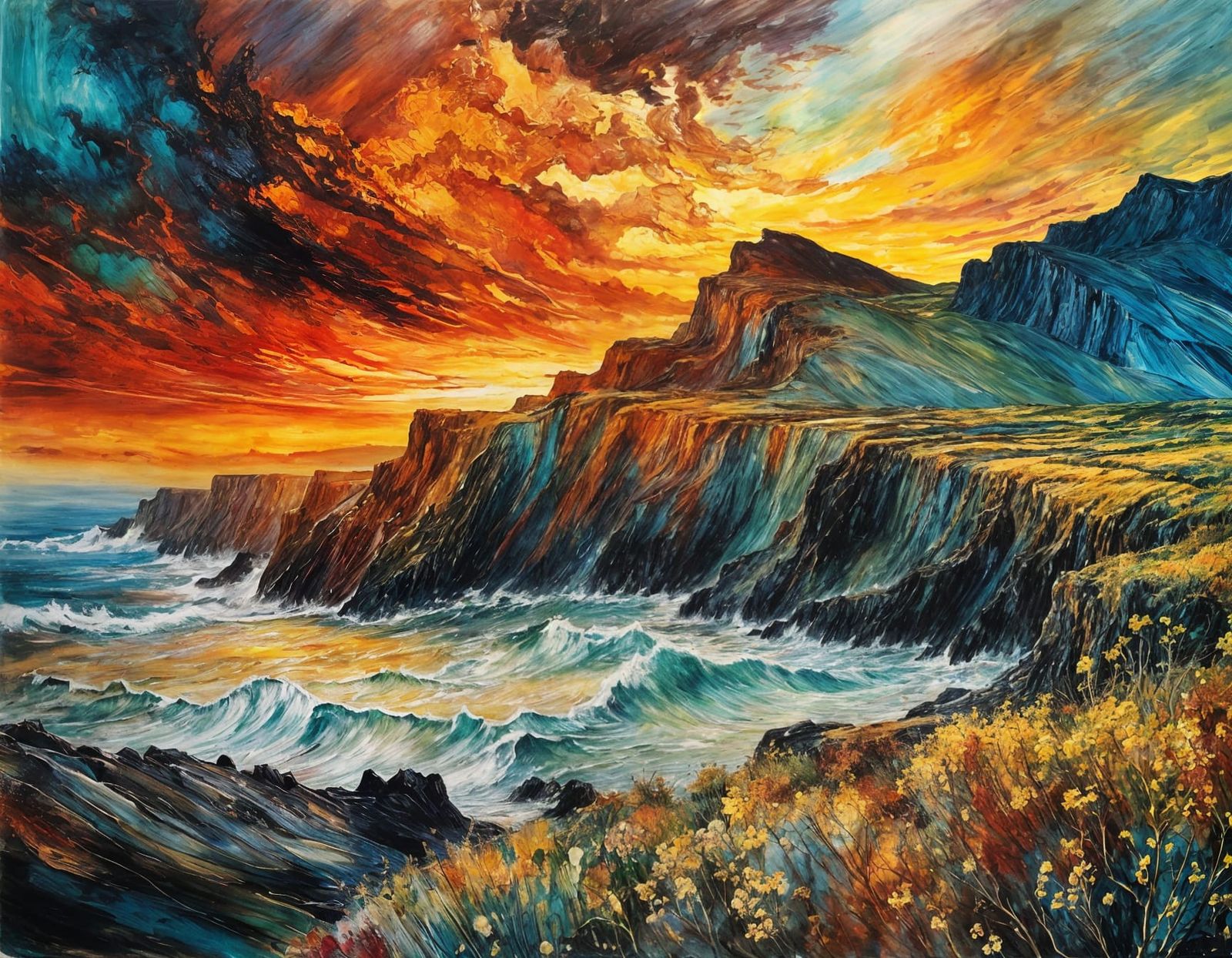 Stormy Sunset Coast: Encaustic Impressionist Cliffs