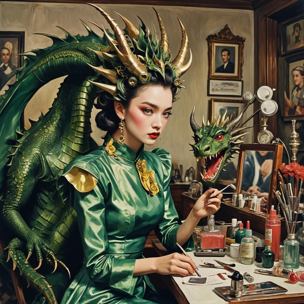 Dragon Pampering in Beauty Salon, Impressionist Style