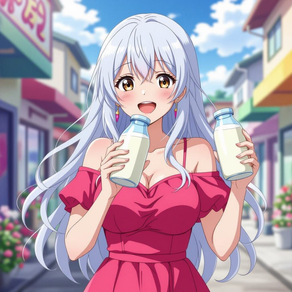 Anime Woman Drinks Milk, Ghibli-Inspired Art