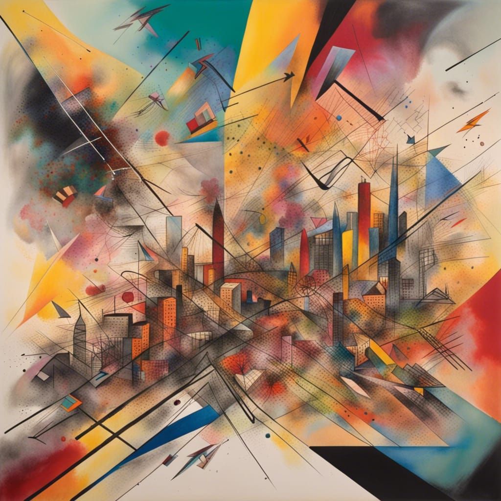 Dynamic cityscape inspired by Julie Mehretu and Wassily Kandinsky