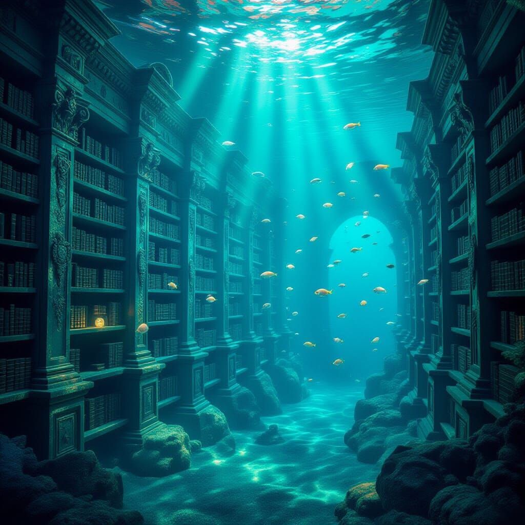 Submerged Library Illuminated by Bioluminescent Fish