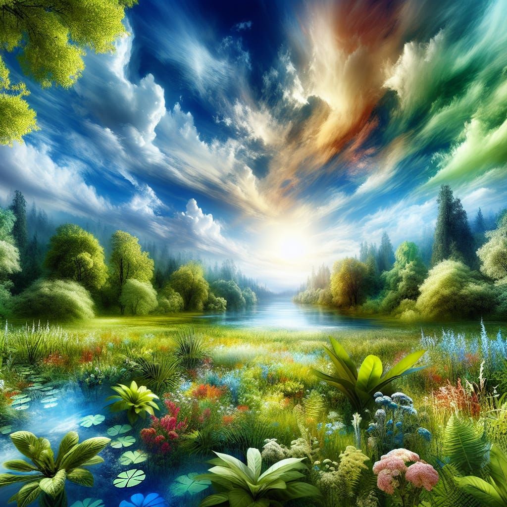 Vibrant Nature Scene with Emerald Greens and Blue Skies