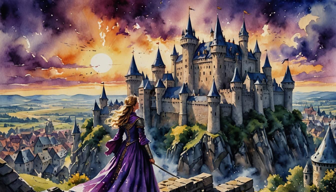 Royal Woman's Despair: Medieval Battle in Watercolor