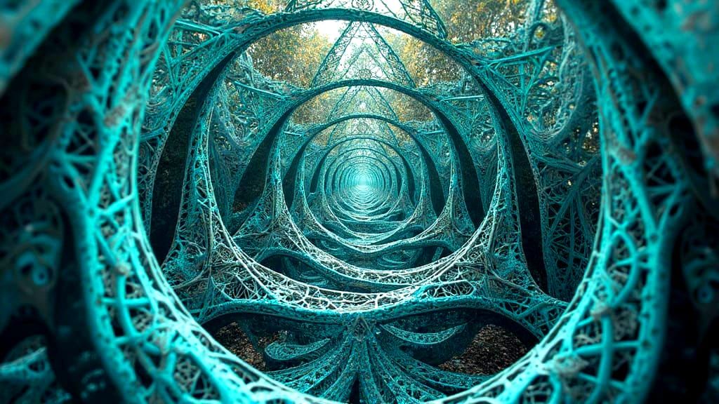 Kaleidoscope Penrose Triangle Double Exposure in Teal and Si...