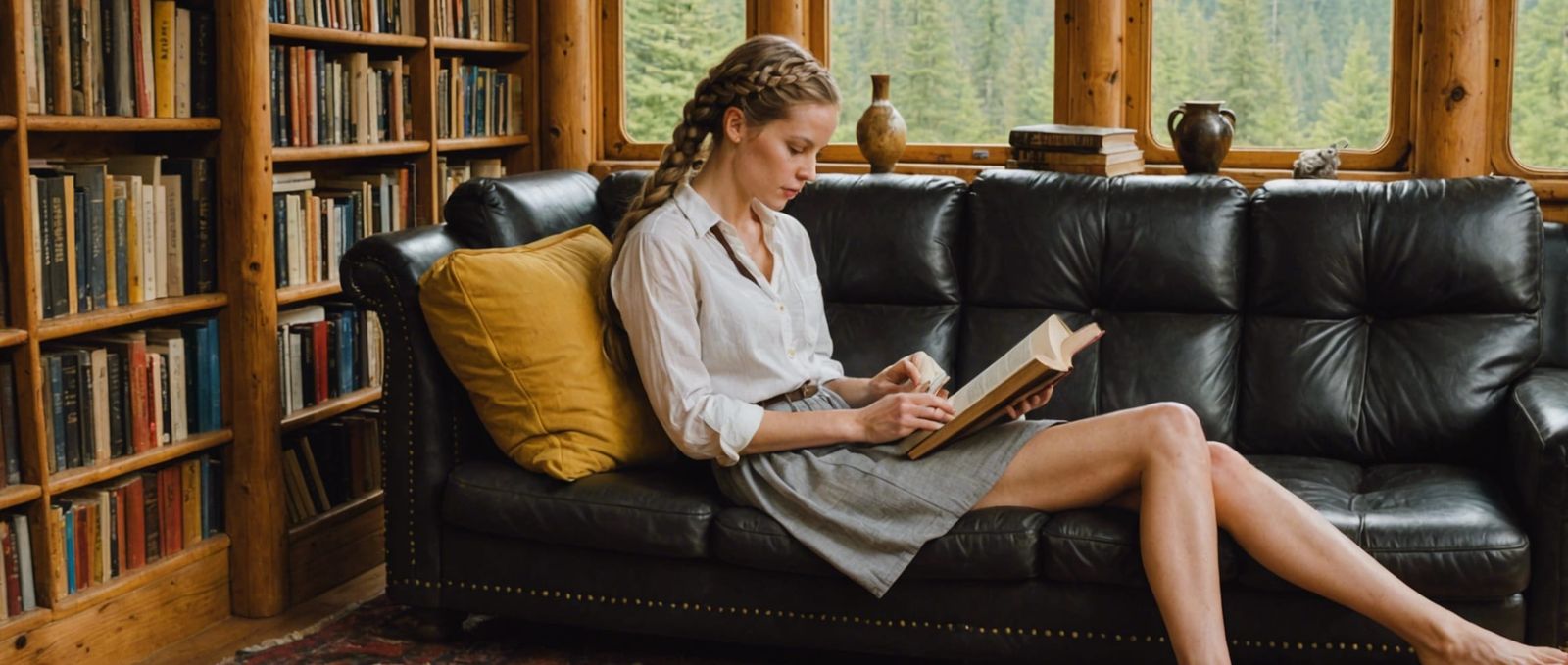 Cabin Library Scene with Woman Reading