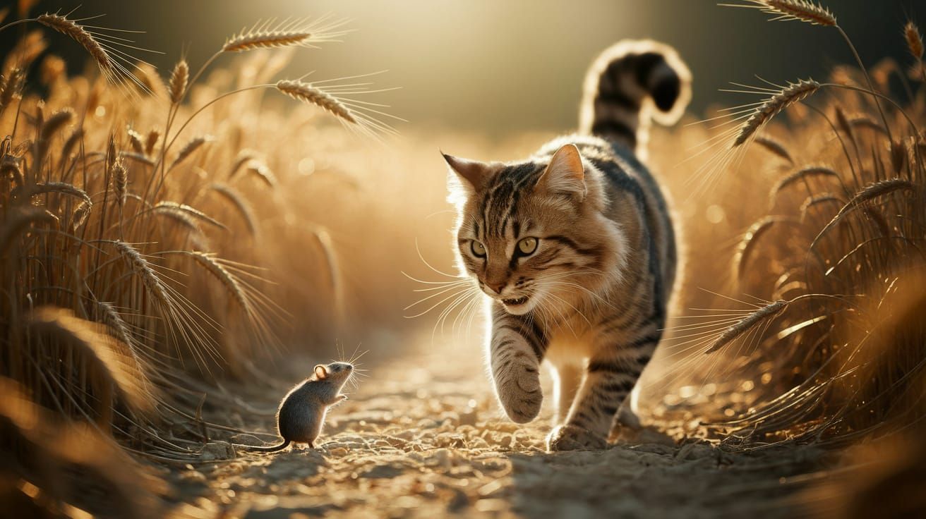 Majestic Tomcat Chases Mouse in Sun-Drenched Wheat Field