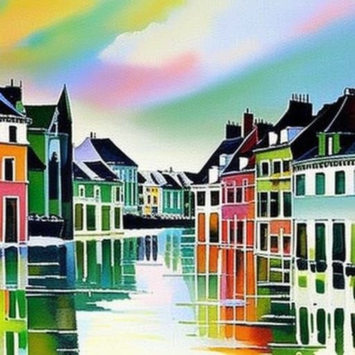 Rainbow Houses in Impressionist Gouache Style