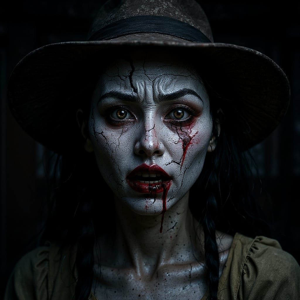 Haunted Temple Witch with Cracked Porcelain Face