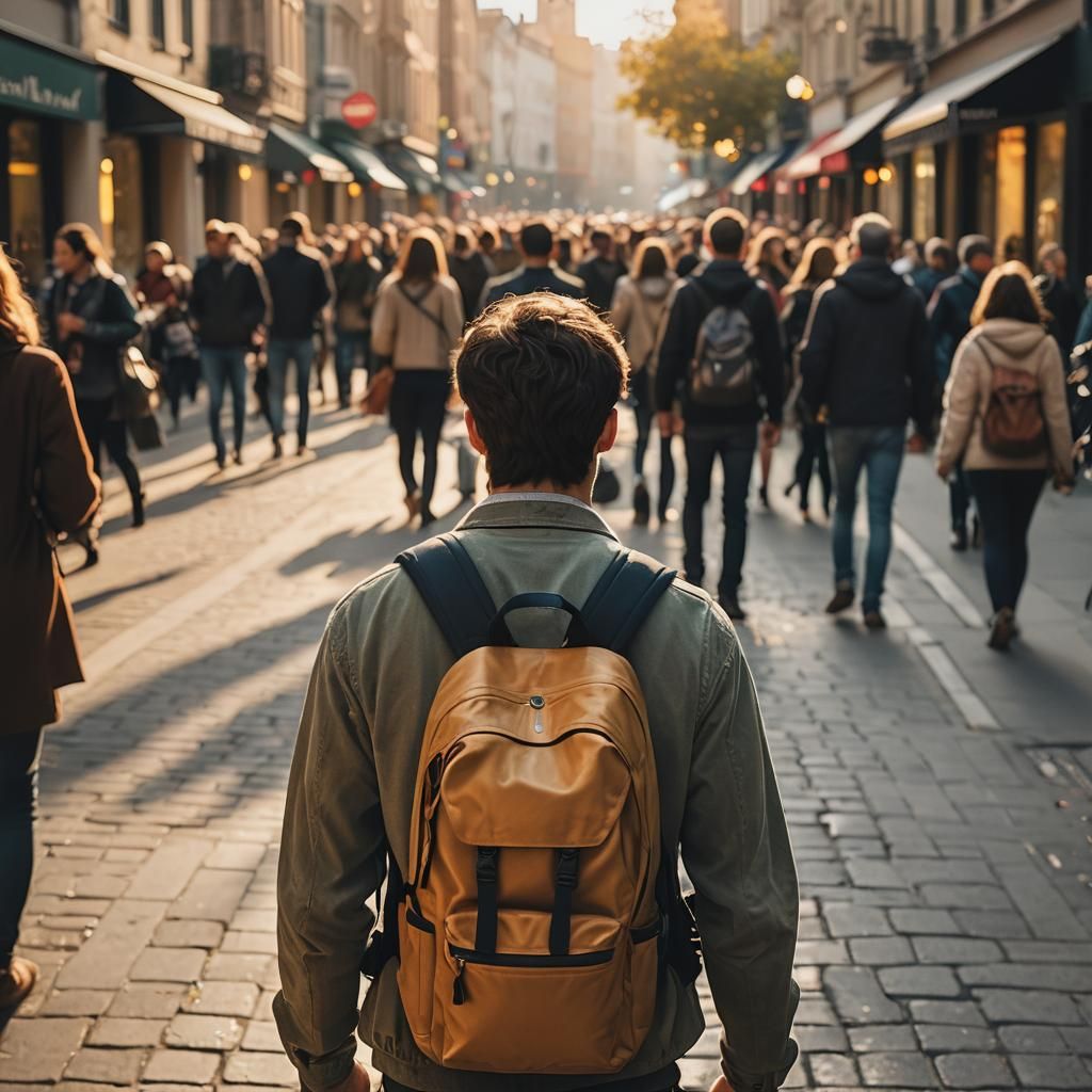 Young Man Walking in Crowded Street: Urban Photography