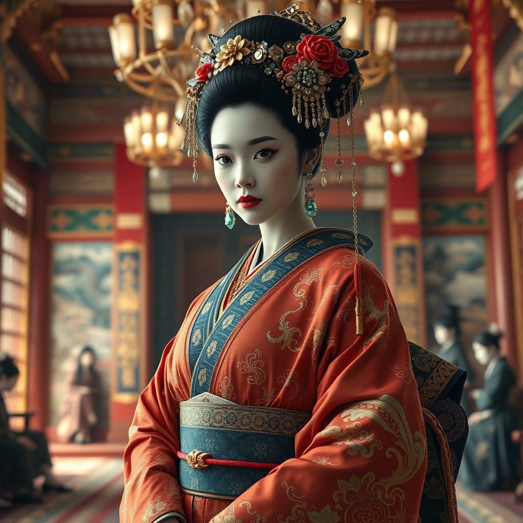 17th-Century Japanese Courtesan in Opulent Palace