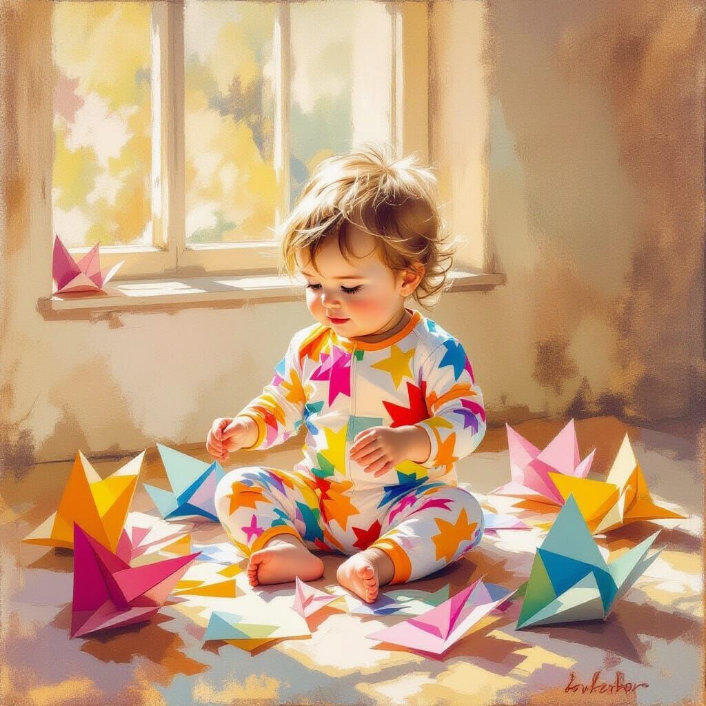 Toddler Playing Origami in Sunlit Room: Impressionistic Styl...