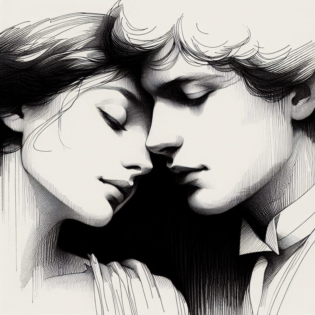 An intimate, black-and-white drawing, featuring two close-up faces almost touching,