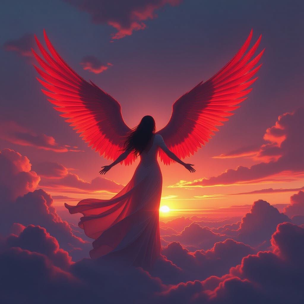 Scarlet Winged Angel Against Fiery Horizon