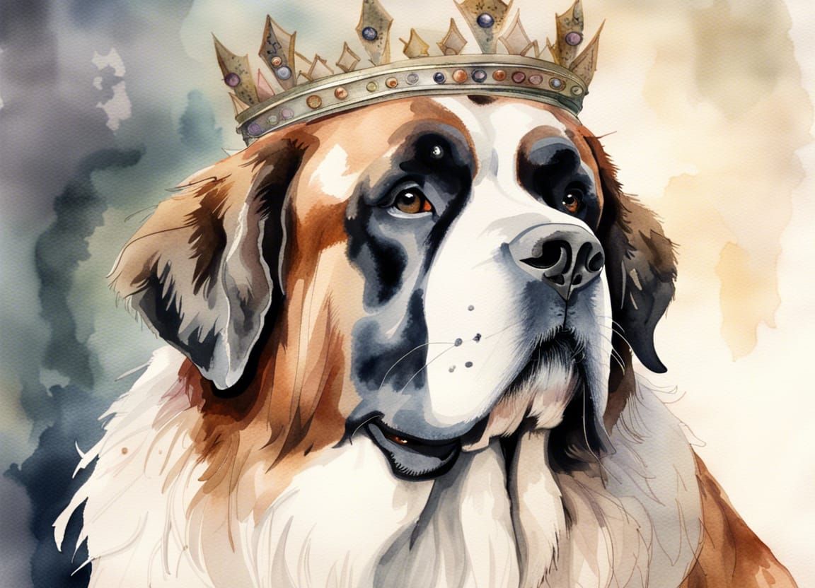 Watercolor Portrait of a Crowned Saint Bernard
