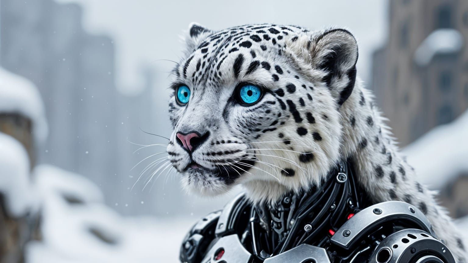 Photorealistic Snow Leopard Cyborg with Blue Eyes