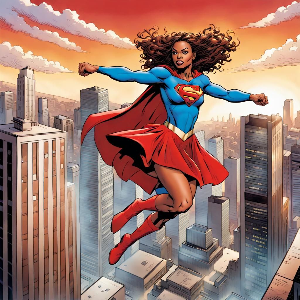 Black Supergirl Patrolling City, Comic Book Art