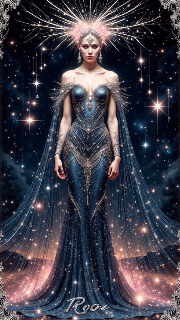 Art Deco Celestial Goddess in Constellations