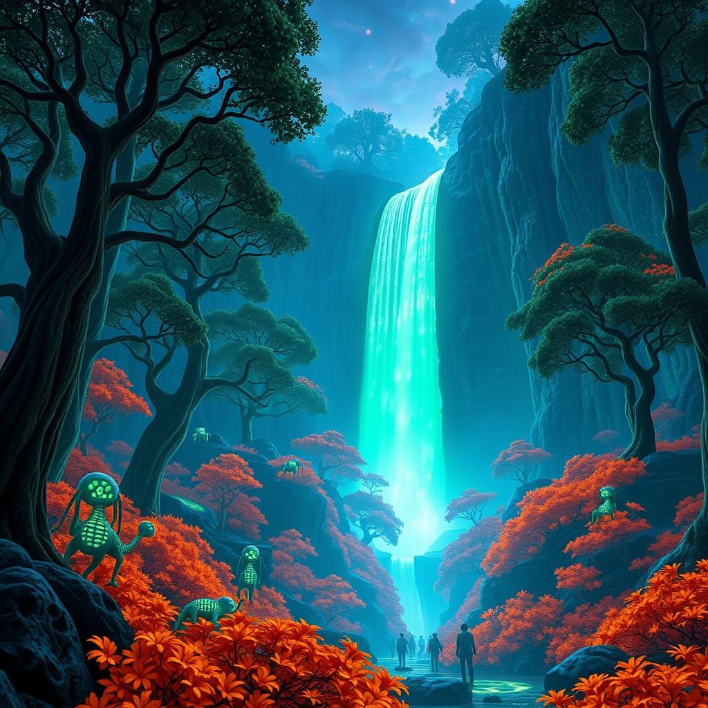 Bioluminescent Forest with Alien Creatures in 3D Anime Art