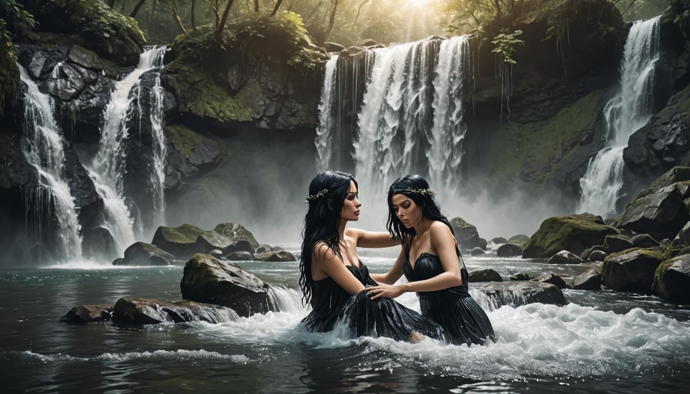 Fantasy Waterfall Scene with Black-Haired Woman