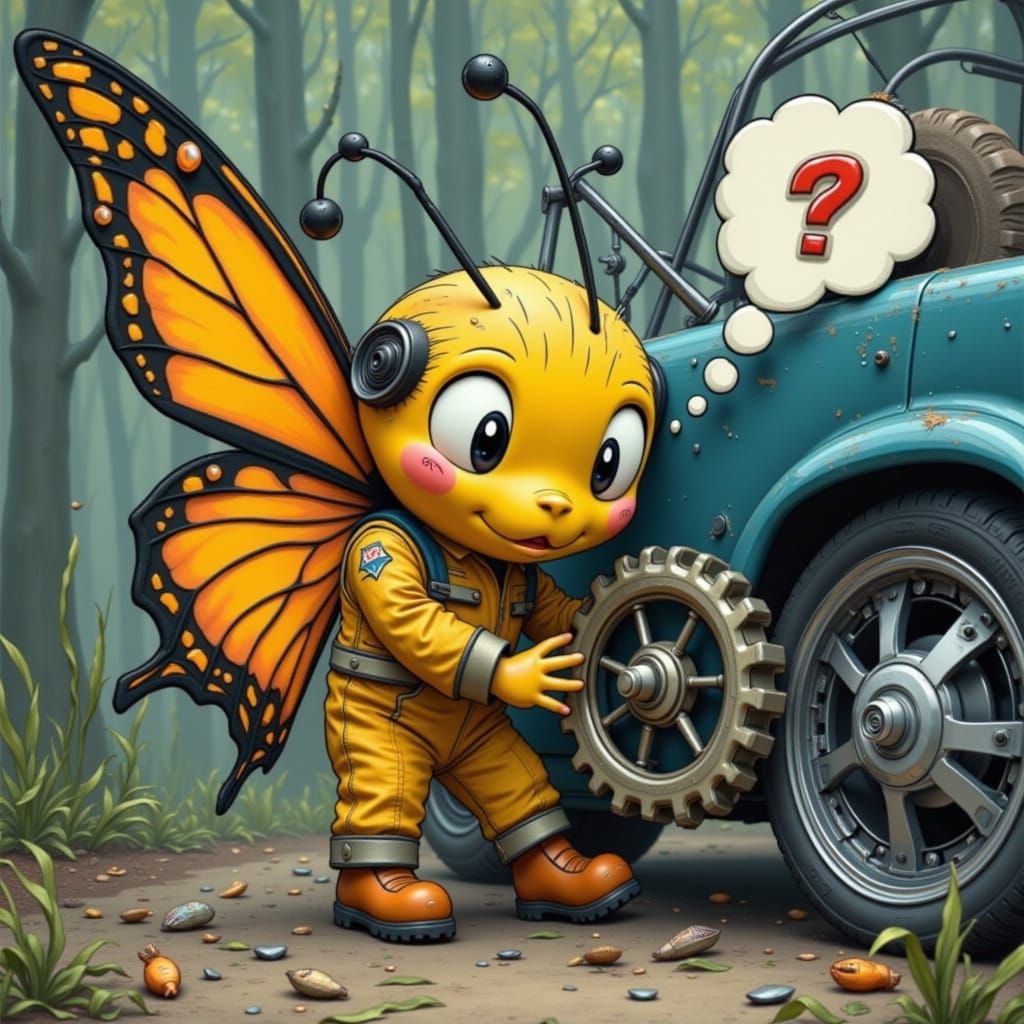 Confused Butterfly Mechanic with Gear, Dreamlike Art