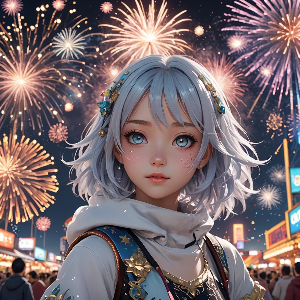 Anime Girl at Carnival with Fireworks Reflection