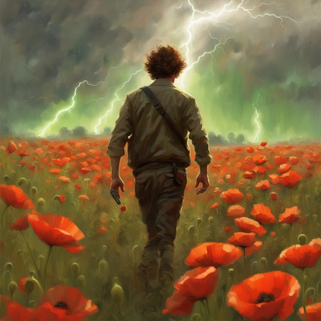 Poppy Field Walk in Digital Canvas Art Style