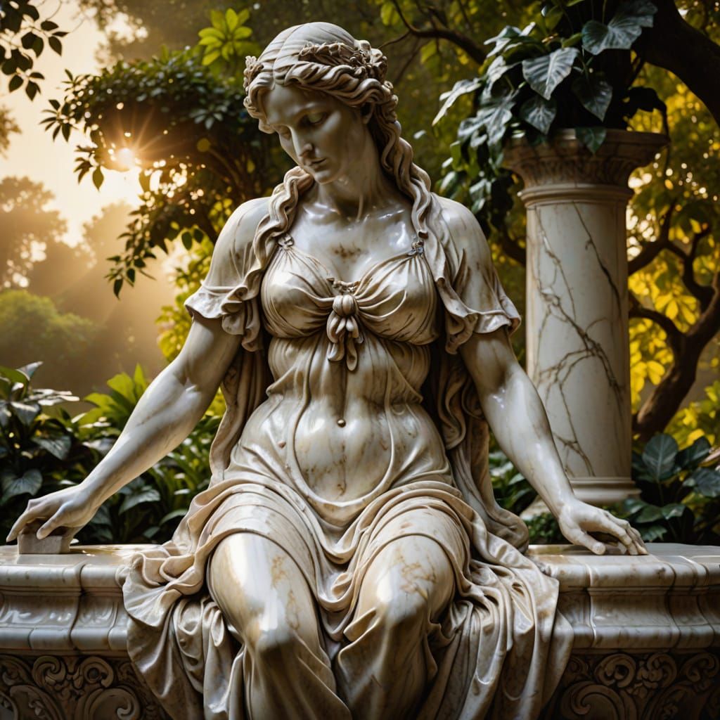Lilith Bathes in Eden as Baroque Marble Sculpture